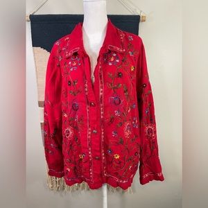 Vintage Tantrum Collections Red Embroidered Boho Hippie Silk Button Up Shirt L